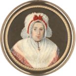 Französisch: um 1790. Miniatur Portrait einer Frau mit roter Schleife...