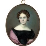 Ott, Fridolin: Miniatur Portrait einer jungen Frau in schwarzem Kleid m...