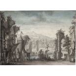 Italienisch: um 1700. Bühnenentwurf mit antiken Ruinen und einem Feld...