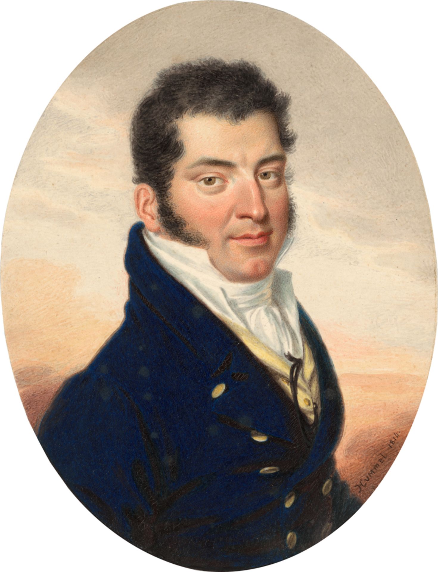 Hummel de Bourdon, Carl Ludwig: Miniatur Portrait eines Mannes in dunkelblauer Jacke mit...