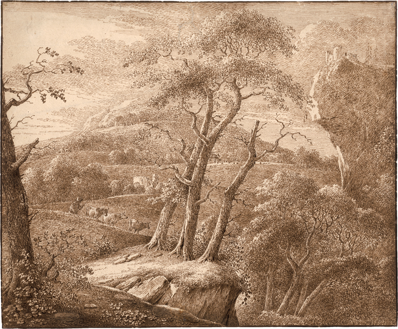 Französisch: um 1800. Baumbestandene Landschaft mit Hirte mit drei Kü...