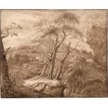 Französisch: um 1800. Baumbestandene Landschaft mit Hirte mit drei Kü...