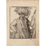 Amman, Jost: Stehender Orientale mit gefiedertem Turban, ein Zepter i...