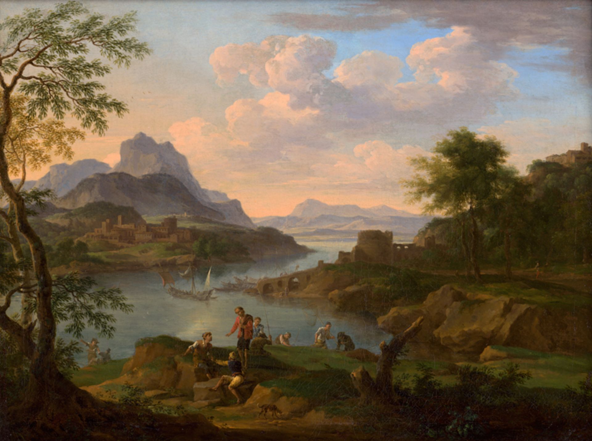 Heusch, Jacob de: Weite Flusslandschaft mit rastenden Fischern und bukolis...