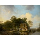 Stok, Jacobus van der: Abendliche Landschaft mit Fischerhäuschen an einem See