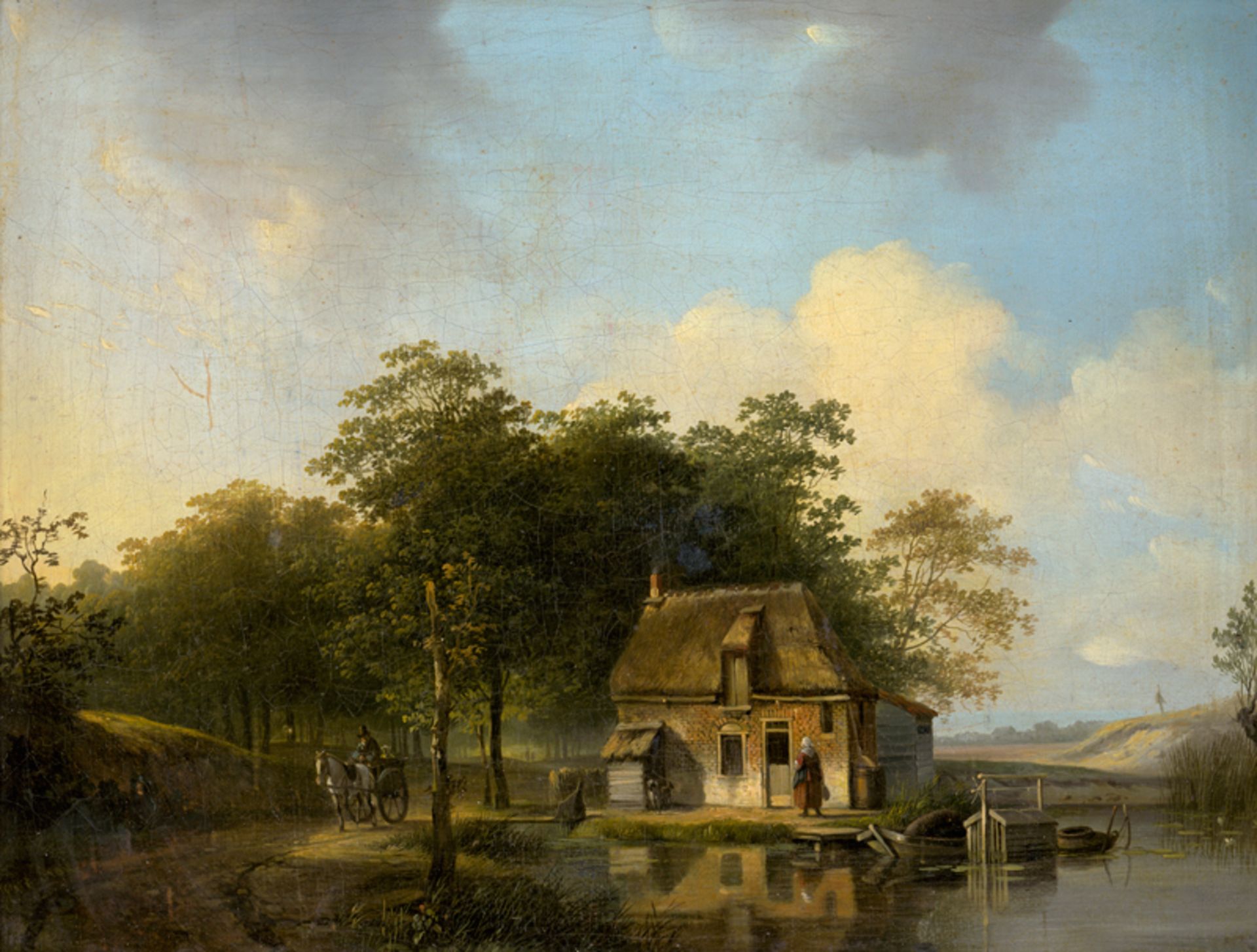 Stok, Jacobus van der: Abendliche Landschaft mit Fischerhäuschen an einem See