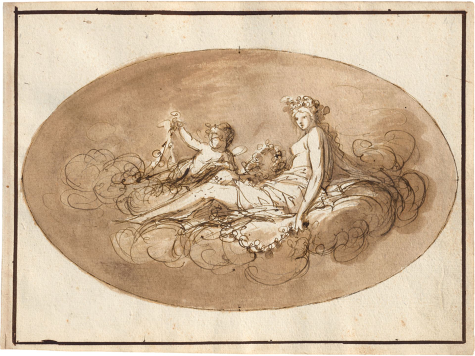 Italienisch: um 1780. Blumengeschmückte Nymphe auf Wolken mit kleinem...