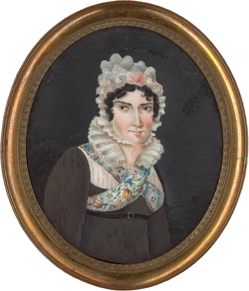 Osteuropäisch: 1821. Miniatur Portrait einer Frau mit weißer Spitzenhau...