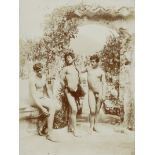 Gloeden, Wilhelm von: Three male nudes on terrace in Arcadian scene
