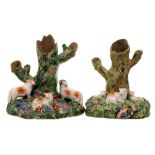 Two Staffordshire pearlware sheep and tree trunk spill groups: each mound base applied with sheep,