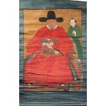 A large Chinese ancestral portrait: depicting a seated scholar wearing a red robe with stalk