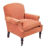 A George Smith 'Dahl' armchair:, fully upholstered in rust patterned fabric with loose cushion seat,