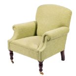 A George Smith 'Dahl' armchair:, fully upholstered in lime green fabric, on turned legs,