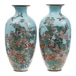 A pair of Japanese cloisonne vases: of ovoid form,