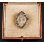 An early 19th Century gold and rose diamond marquise-shaped miniature portrait brooch: depicting a