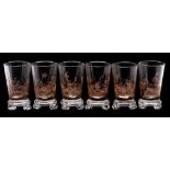 A set of six Lobmeyr Schwarzlot enamelled tot/liqueur glasses: each decorated in black with figures