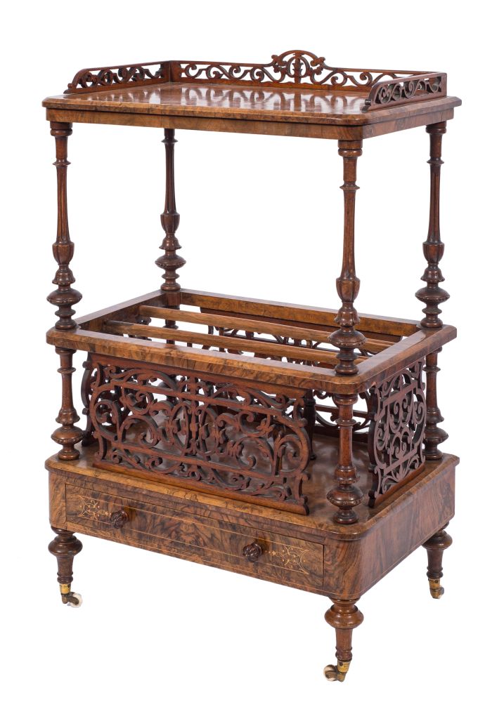 A Victorian walnut and inlaid Canterbury Whatnot:,