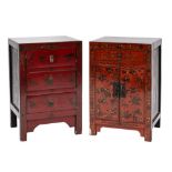 Two Chinese red and black lacquer pedestal cabinets:,