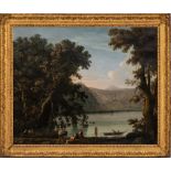 Manner of Francesco Zuccarelli [18th Century]- View to a clearing by a lake,:- a ferry boat,