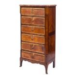 A French satinwood banded and inlaid upright document chest:, with a breche d'e alep marble top,