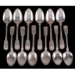Twelve assorted William IV and later Fiddle pattern dessert spoons,