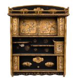 A Japanese black lacquer and gilt Shibyama decorated wall cabinet:,