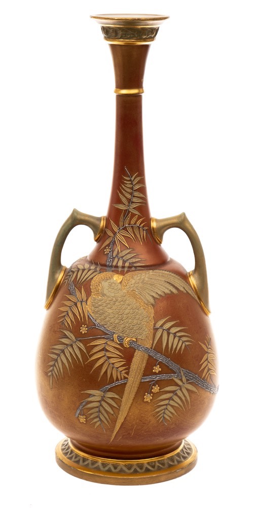 A Worcester porcelain 'Patent Metallic' two handled vase: of footed globular form with slender