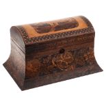 A Tunbridgeware tea caddy: of rectangular outline,