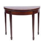 A George III mahogany and inlaid half round card table:,