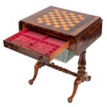A Victorian rosewood games and work table:, the hinged top with rounded corners,