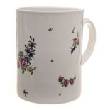 A large Plymouth cylindrical mug: with lobed loop handle, painted with floral sprays and sprigs,