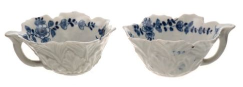 Two First Period Worcester geranium moulded butterboats: painted in the 'Pickle Leaf Daisy' pattern