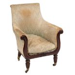 A Regency rosewood library bergere armchair:, of U-shaped outline,