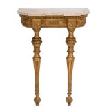 A late 19th Century French carved giltwood console table: of small size and D-shaped breakfront