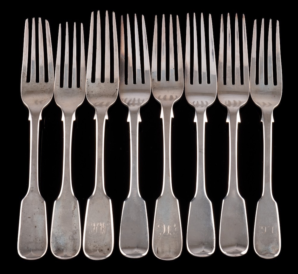 Eight assorted Victorian Fiddle pattern dessert forks, various makers and dates: most initialled,