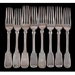 Eight assorted Victorian Fiddle pattern dessert forks, various makers and dates: most initialled,