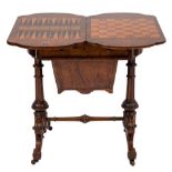 A Victorian burr walnut and inlaid games and work table:,