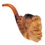 A 19th Century Meerschaum pipe carved in the form of a female head: wearing earrings and head bands,