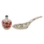 A Chinese famille rose spoon and a Chinese porcelain snuff bottle: the first painted with fruits