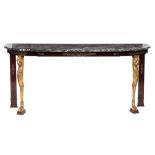 A mahogany, carved giltwood and brass mounted console table:,