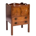 A George III mahogany and inlaid converted tray top commode:, bordered with boxwood lines,
