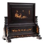 A small Chinese hardwood table screen on stand: inlaid with an inscription, lingzhi,