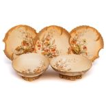 A Royal Worcester fruit painted blush ivory porcelain dessert service: of leaf form painted and