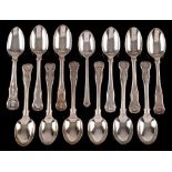 Eleven silver Hourglass pattern teaspoons, various makers and dates: crested,