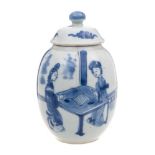 A Chinese blue and white tea caddy and cover: of ovoid form with domed cover,