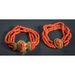 A faceted coral bead four-string bracelet: with gold and coral relief portrait mounted clasp,