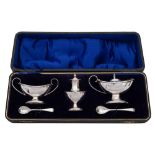 A George V silver three piece condiment set, maker J Sherwood & Sons, Birmingham,