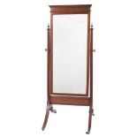 An Edwardian mahogany and chequer inlaid swing frame cheval mirror:,