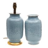 A pair of Chinese clair-de-lune glazed vases: moulded with a wide band of scrolling lotus within