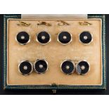 A cased set of Art Deco black onyx and seed pearl mounted octagonal cuff-links and buttons: each